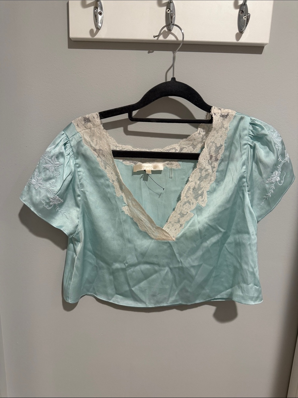 LoveShackFancy Mint Blue Lace-Trim V-Neck Blouse